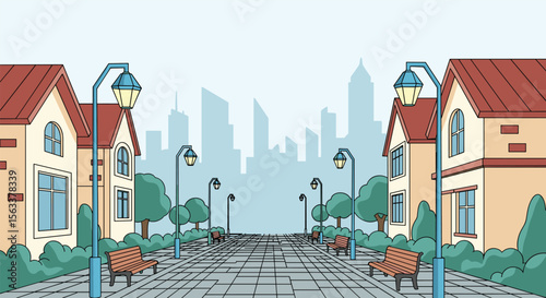 A Peaceful Pixelated Street Scene With Charming Houses And Modern Cityscape In The Distance
