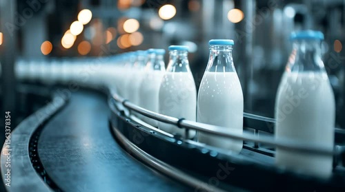 Milk Bottles on a Production Line in a Dairy Factory