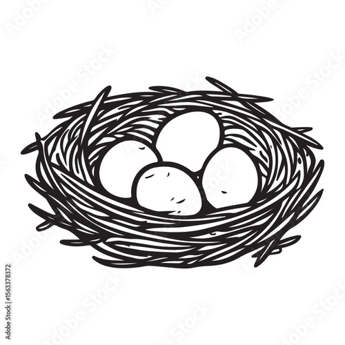 Nest with eggs silhouette isolated on a white background, Nesting season bird’s nest with eggs nature illustration, Bird nest with eggs silhouette vector art for nature conservation