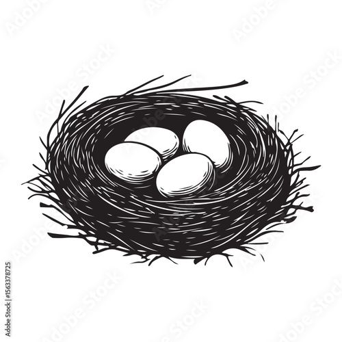 Nest with eggs silhouette isolated on a white background, Nesting season bird’s nest with eggs nature illustration, Bird nest with eggs silhouette vector art for nature conservation