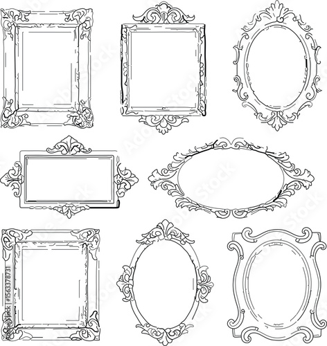 Collection of ornate vintage decorative empty picture frames in various shapes and styles