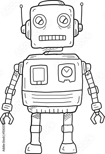 Hand drawn sketch of a cute retro robot character standing and smiling