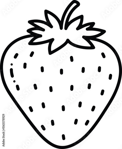 Simple outline drawing of a fresh strawberry with seeds and stem