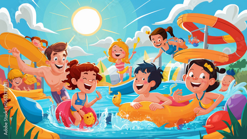 Family Fun at Summer Water Park with Children in Float Rings