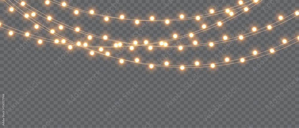 Vector Christmas Lights Garland on Transparent Background. Glowing Festive String Light Decoration