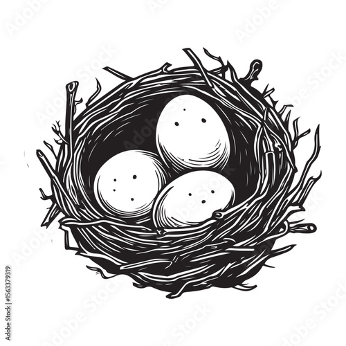 Nest with eggs silhouette isolated on a white background, Nesting season bird’s nest with eggs nature illustration, Bird nest with eggs silhouette vector art for nature conservation