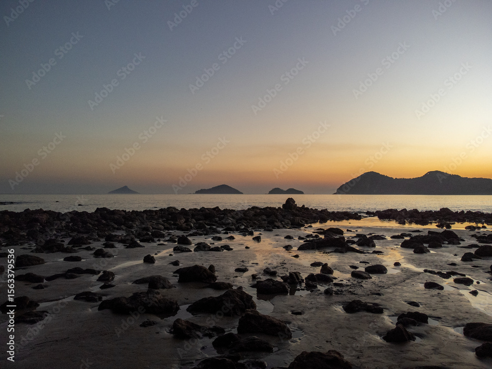 Fototapeta premium Incredible orange sunset on a beach in the middle of the forest