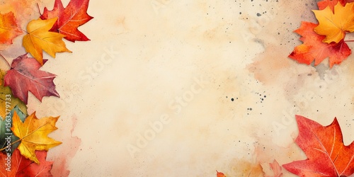 Autumn watercolor illustration. Leaves on an abstract textural background, copy space. Banner