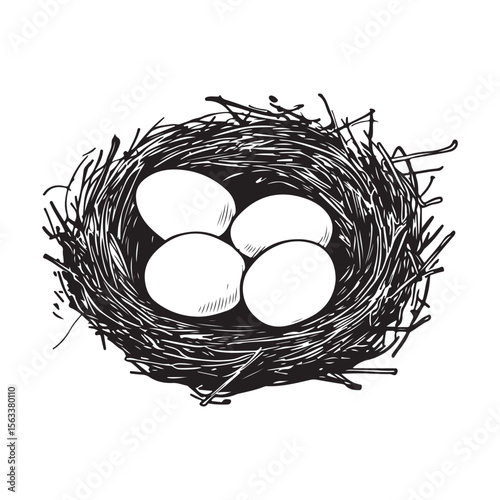 Nest with eggs silhouette isolated on a white background, Nesting season bird’s nest with eggs nature illustration, Bird nest with eggs silhouette vector art for nature conservation