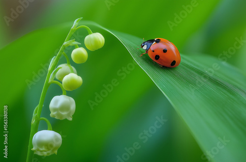 Photo of a ladybug on the flower bud of lily of the valley, with a lush green background, ladybug