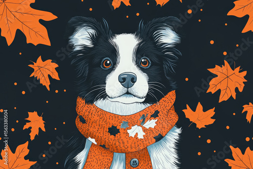 Happy dog ​​with a bright scarf stands proudly among scattered autumn leaves on a dark background. Autumn picture with a dog