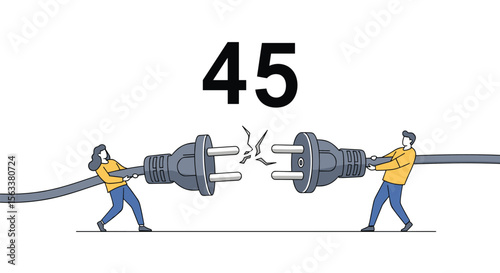 Forty five people connecting power cords together in a flat illustration style symbolizing teamwork and collaboration