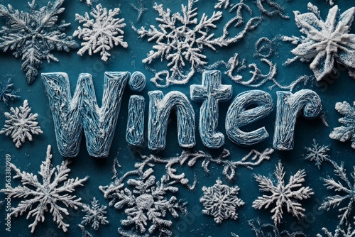 Frosty Winter inscription made of snow and snowflakes on a blue background. 