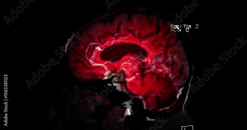 MRI brain scan with color highlights  offering detailed insights into blood flow and brain function. Essential for accurate diagnosis and treatment planning.