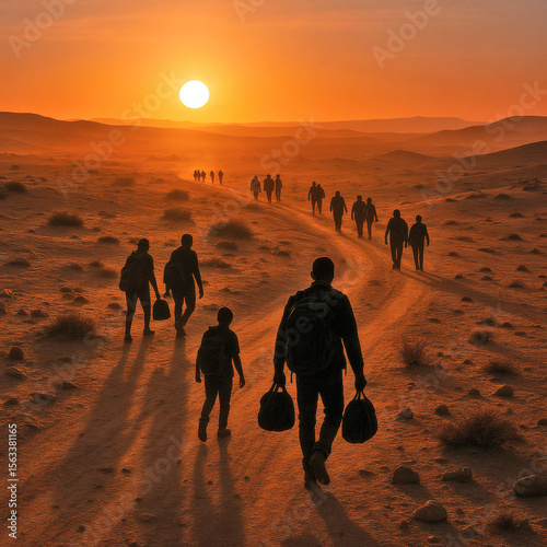 Migrants Walking Through Desert at Sunset – Struggling Refugees, Harsh Journey, Survival, Hope, Migration Crisis, Dusty Trail, Resilience, Human Struggle, Barren Landscape