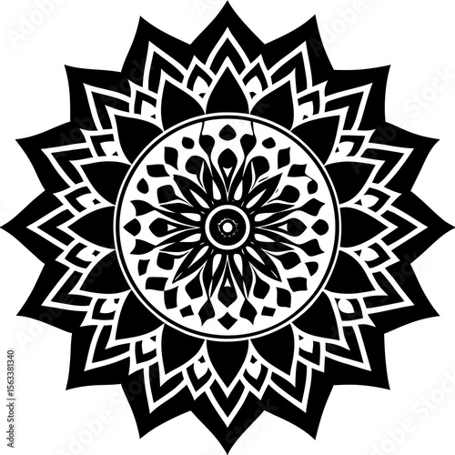 Intricate geometric mandala pattern with floral elements in a striking black and white silhouette