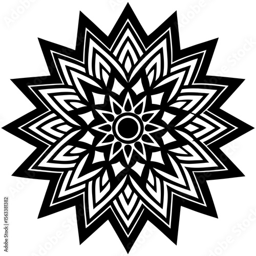 Intricate geometric starburst mandala pattern with sharp points and detailed layers in black and white silhouette