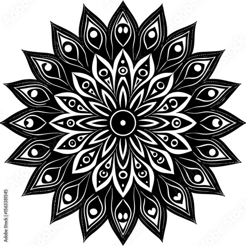 Intricate black and white mandala design with repeating eye motifs and floral petals silhouette