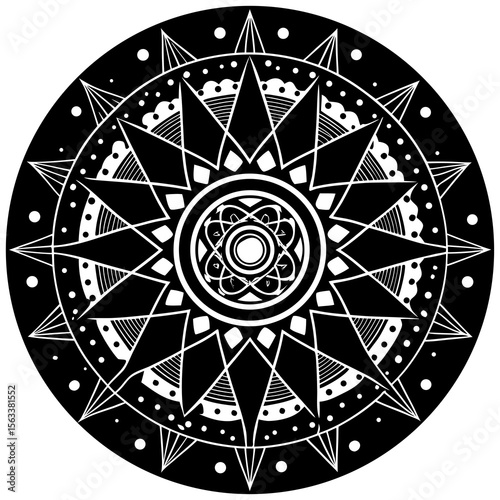 Intricate black and white mandala design with geometric patterns and radial symmetry silhouette