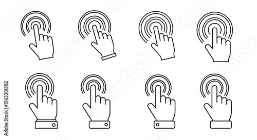 A collection of digital touch interface hand icons demonstrating user interaction and digital navigation styles