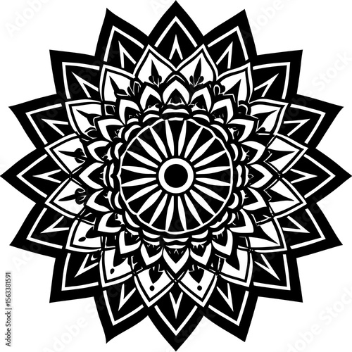 Intricate black and white mandala design with geometric patterns and floral elements silhouette