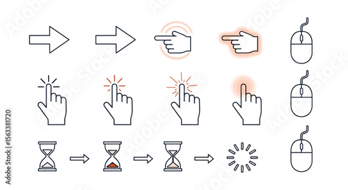 Collection of cursor icons representing pointer actions and loading states for user interface design elements