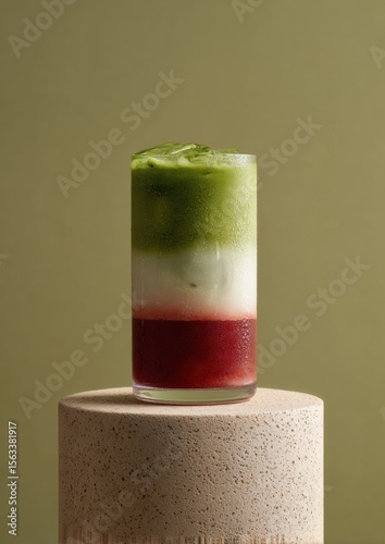 Iced Matcha Tonic Drink with Plant-Based Milk — Vegan Refreshing Superfood Drink in Kiwi, Blackberry, and Strawberry Flavors, Minimal Aesthetic Wellness Beverage for Healthy Lifestyle