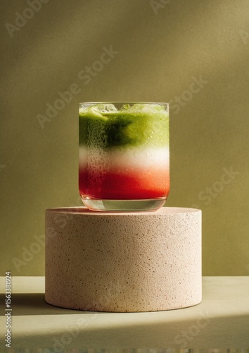 Iced Matcha Tonic Drink with Plant-Based Milk — Vegan Refreshing Superfood Drink in Kiwi, Blackberry, and Strawberry Flavors, Minimal Aesthetic Wellness Beverage for Healthy Lifestyle