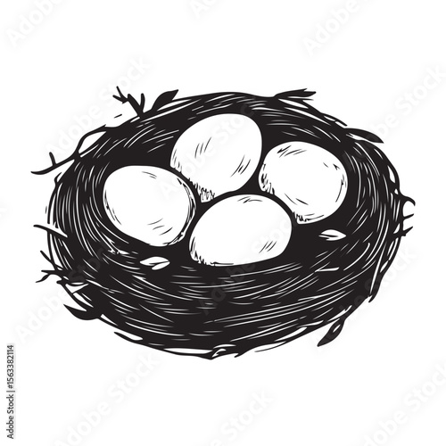Nest with eggs silhouette isolated on a white background, Nesting season bird’s nest with eggs nature illustration, Bird nest with eggs silhouette vector art for nature conservation