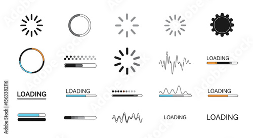 Collection of futuristic and modern loading indicators and progress bars for digital user interfaces and web design applications