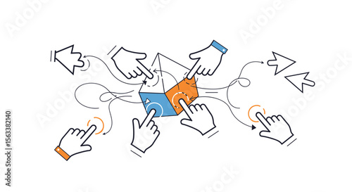 Diverse hands collaborating on a shared project creating innovative solutions through collective intelligence and teamwork