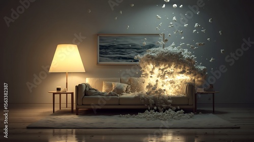 Surreal living room scene featuring illuminated cloud exploding from the sofa