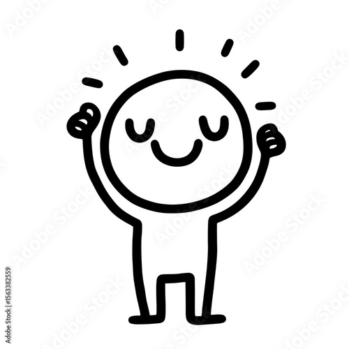 Happy doodle character with raised hands and smiling face  