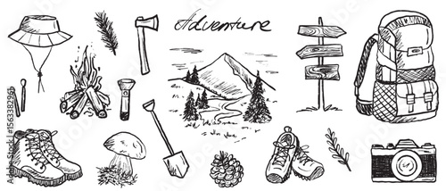 Mountain hiking adventure equipment with matches, trekking boots, shovel, backpack in black brush stroke texture isolated on white. Hand drawn vector sketch illustration in vintage charcoal ink
