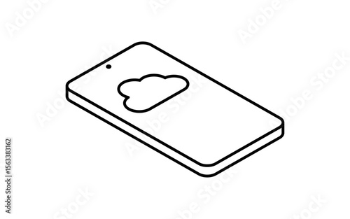 Smartphone connected to cloud isometric line icon with mobile device and cloud symbol, black and white