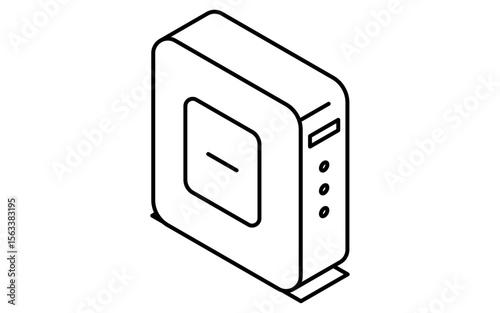 Network router isometric line icon with wireless signal and ports, black and white