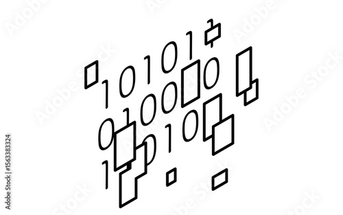 Data and password encryption isometric line icon with binary code and padlock symbol, black and white