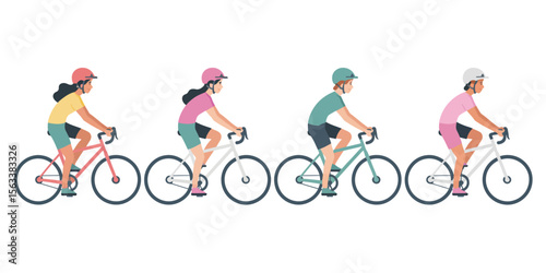 Cycling Together: A vibrant and dynamic scene captures the essence of cycling, with four individuals gracefully riding their bicycles, showcasing both leisure and athleticism. 