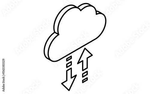 Cloud service upload and download isometric line icon with arrows and cloud storage symbol, black and white