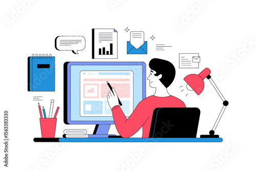 Digital Workspace: A person focuses intently on his monitor, immersed in a vibrant digital workspace. Surrounded by modern elements of productivity and technology.