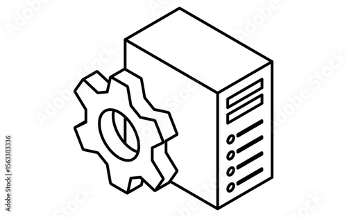 Web server system maintenance isometric line icon with tools and server element, black and white