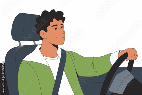 Focused on the road: A graphic representation of a person in a car, calmly navigating the driver's seat and steering wheel. The scene is a gentle reflection on driving and independence.