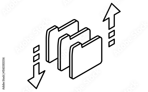 Cloud file upload and download isometric line icon with document and cloud arrows, black and white