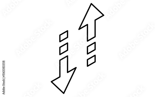 Upload and download arrows isometric line icon with directional data transfer symbols, black and white