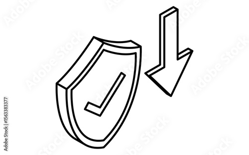 Download data security protection isometric line icon with shield and arrow symbol, black and white
