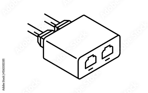 LAN splitter network configuration isometric line icon with Ethernet hub and multiple ports, black and white