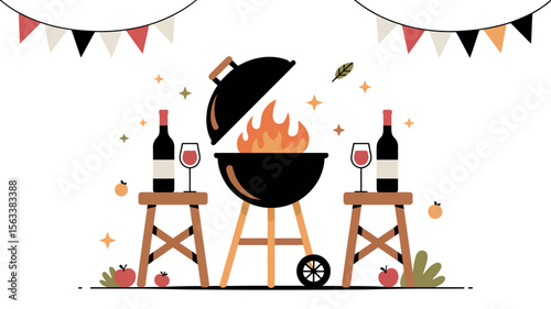 Festive Barbecue Scene: An inviting barbecue scene featuring a grill with flames, wine bottles, and glasses, creating a convivial atmosphere for a summer celebration, decorated with bunting.