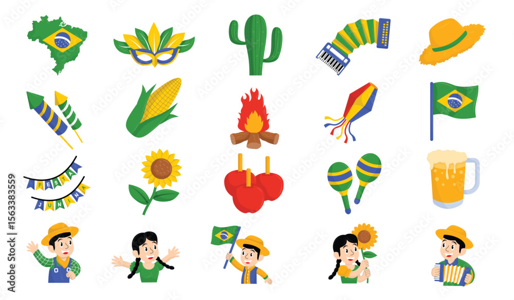 Brazilian Festa Junina icons and decorations for festival and celebration designs