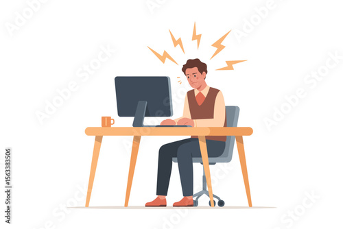 Frustrated at the Desk: A worker grapples with a computer, radiating frustration, perhaps facing a challenge in the digital workspace
