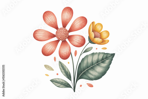 Blooming Botanical Beauty: A vibrant depiction of two colorful flowers with soft petal formations, accompanied by lush green leaves, embodying floral elegance in a timeless artistic style.